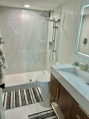 Bathroom, Glass Shower, Interior, Marble Walls, Recessed Lighting