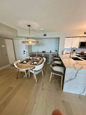 Dining room, Interior, Kitchen, Pendant Lights, Wood Texture Flooring