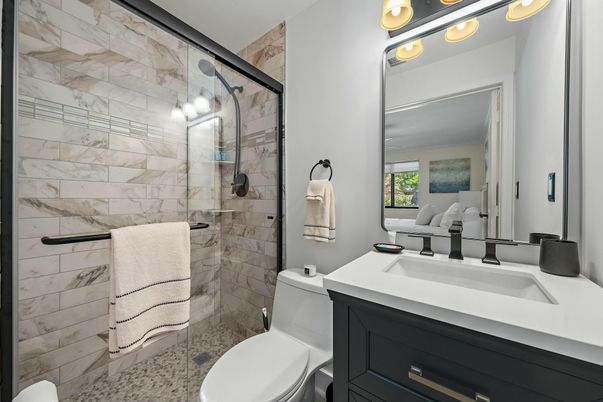 Bathroom, Glass Shower, Interior, Marble Walls
