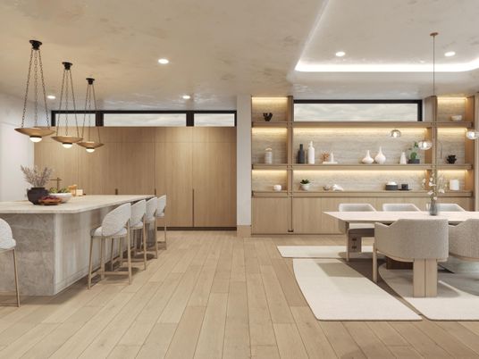 Dining room, Interior, Pendant Lights, Recessed Lighting, Wood Texture Flooring