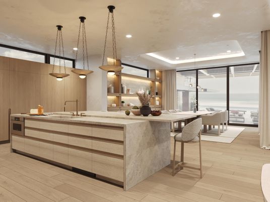 Dining room, Interior, Kitchen, Pendant Lights, Recessed Lighting, Stainless Steel Appliances, Water, Wood Texture Flooring
