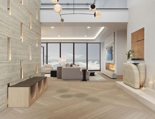 Fireplace, Interior, Living room, Pendant Lights, Recessed Lighting, Stone Walls, Wood Texture Flooring