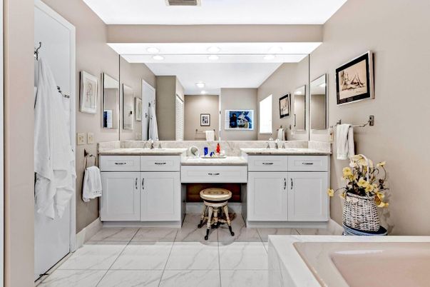 Bathroom, Dual Sink Vanities, Interior, Marble, Recessed Lighting