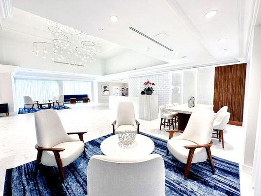 Dining room, Interior, Living room, Marble, Pendant Lights, Recessed Lighting