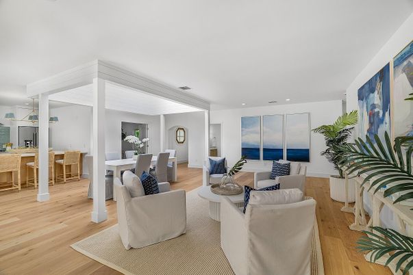 Dining room, Interior, Living room, Recessed Lighting, Water, Wood Texture Flooring