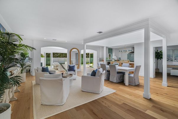 Dining room, Interior, Living room, Recessed Lighting, Wood Texture Flooring