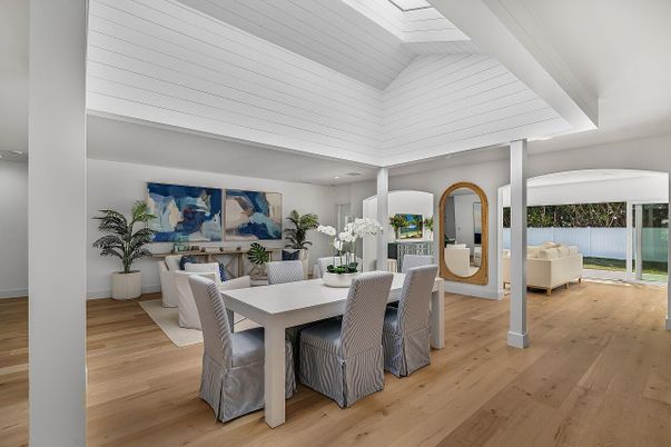 Dining room, Interior, Recessed Lighting, Wood Texture Flooring