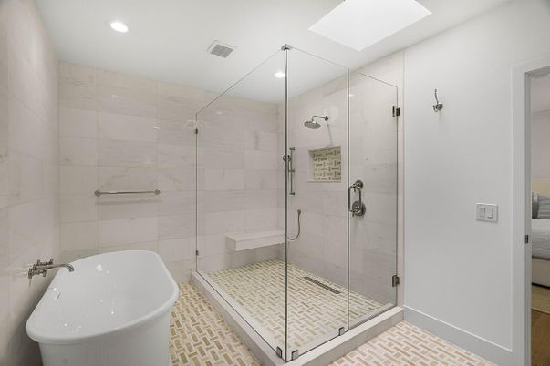 Bathroom, Free Standing Baths, Glass Shower, Interior, Recessed Lighting