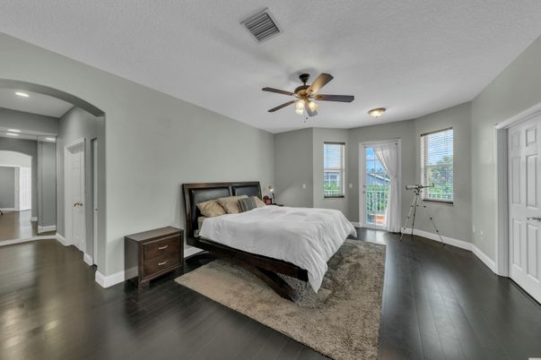 Bedroom, Interior, Recessed Lighting, Wood Texture Flooring