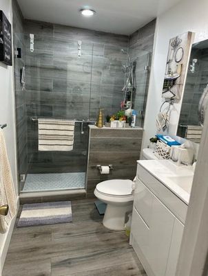Bathroom, Glass Shower, Interior, Recessed Lighting, Wood Texture Flooring