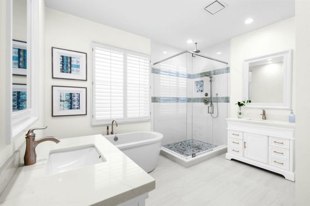 Bathroom, Free Standing Baths, Glass Shower, Interior, Recessed Lighting