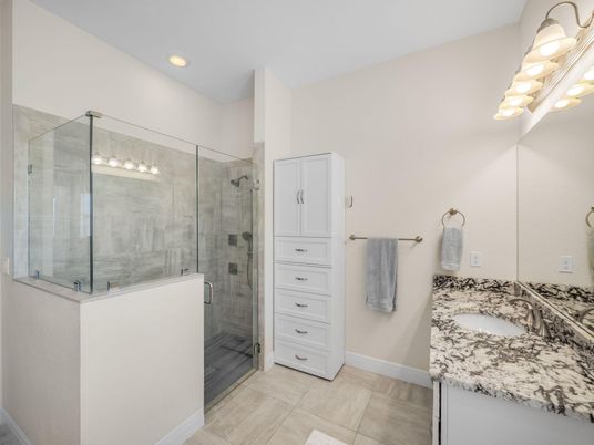 Bathroom, Dual Sink Vanities, Glass Shower, Interior, Recessed Lighting
