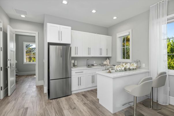 Interior, Kitchen, Recessed Lighting, Stainless Steel Appliances, Wood Texture Flooring