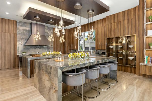 Interior, Kitchen, Marble Walls, Pendant Lights, Recessed Lighting, Wood Texture Flooring