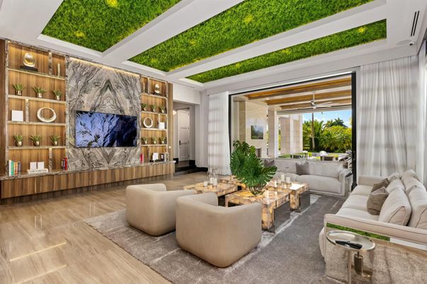 Interior, Living room, Marble Walls, Recessed Lighting, Wood Texture Flooring