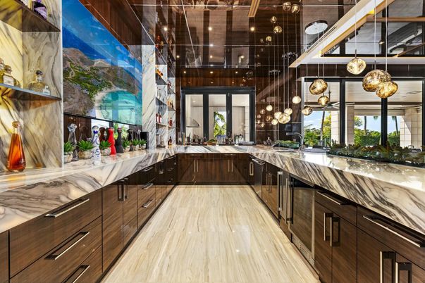 Interior, Kitchen, Marble Walls, Pendant Lights
