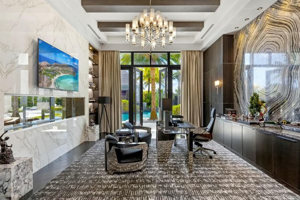 Chandelier, Home Office, Interior, Marble, Recessed Lighting