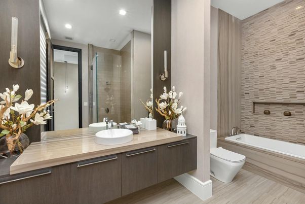 Bathroom, Glass Shower, Interior, Recessed Lighting, Wood Texture Flooring