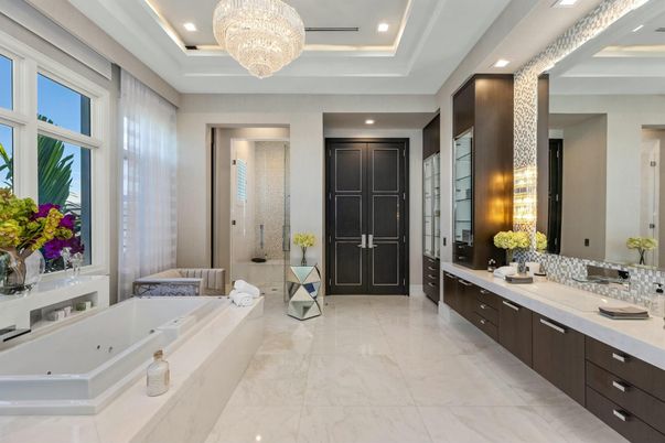 Bathroom, Chandelier, Dual Sink Vanities, Interior, Marble, Recessed Lighting