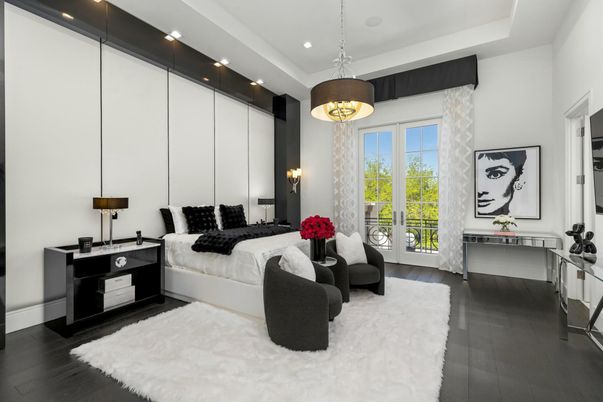 Bedroom, Interior, Pendant Lights, Recessed Lighting, Wood Texture Flooring