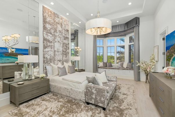 Bedroom, Chandelier, Interior, Pendant Lights, Recessed Lighting, Wood Texture Flooring