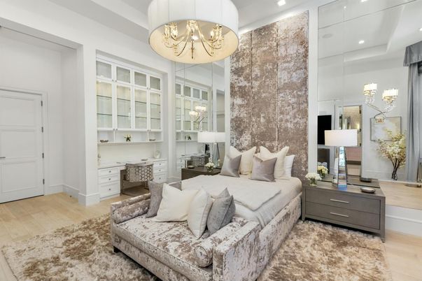 Bedroom, Chandelier, Interior, Pendant Lights, Recessed Lighting, Wood Texture Flooring
