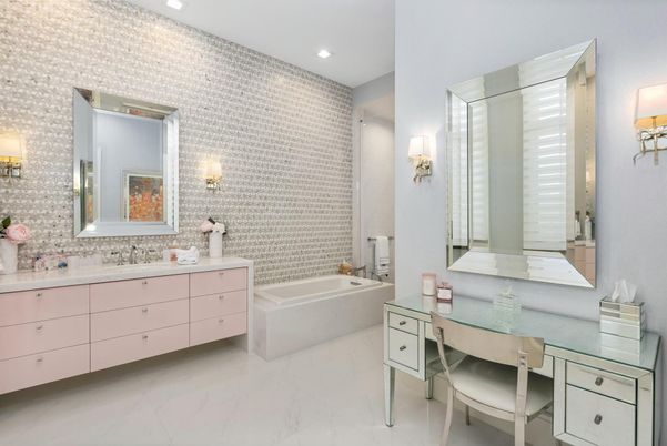 Bathroom, Dual Sink Vanities, Interior, Marble, Recessed Lighting