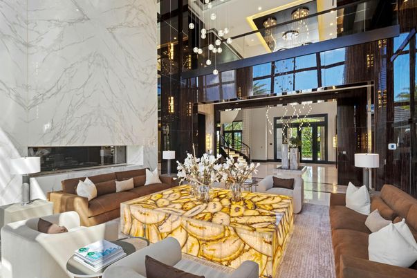 Dining room, Fireplace, Interior, Living room, Marble Walls, Pendant Lights