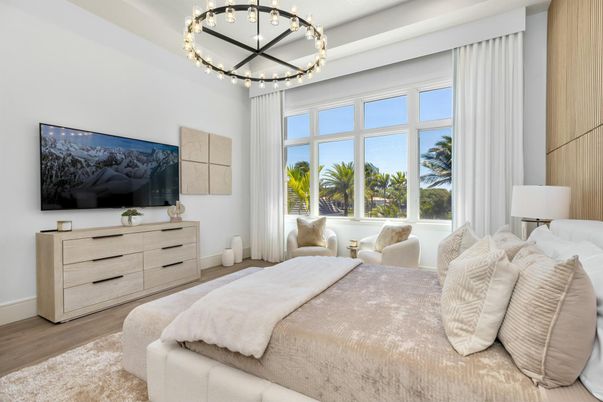 Bedroom, Interior, Pendant Lights, Wood Texture Flooring