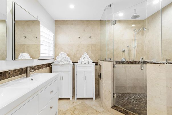 Bathroom, Dual Sink Vanities, Glass Shower, Interior, Recessed Lighting