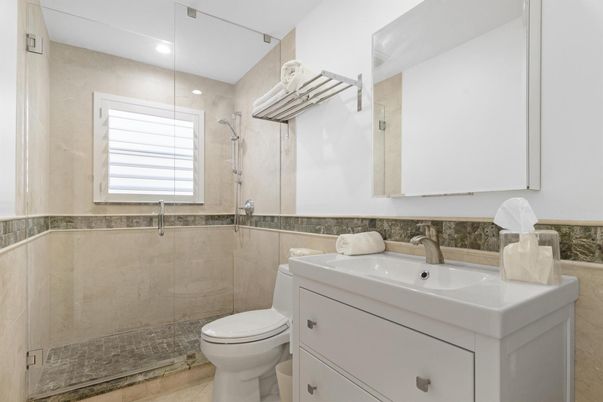 Bathroom, Glass Shower, Interior, Recessed Lighting, Wood Texture Flooring