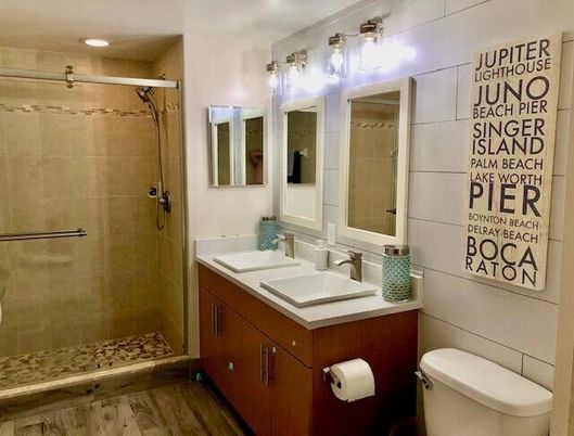 Bathroom, Glass Shower, Interior, Recessed Lighting, Wood Texture Flooring