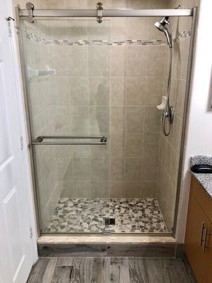 Bathroom, Glass Shower, Interior, Wood Texture Flooring