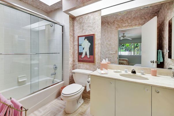 Bathroom, Glass Shower, Interior, Wood Texture Flooring