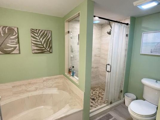 Bathroom, Glass Shower, Interior, Marble Walls, Wood Texture Flooring