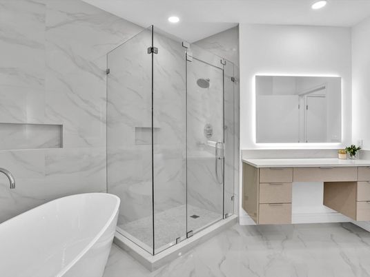 Bathroom, Free Standing Baths, Glass Shower, Interior, Marble, Marble Walls, Recessed Lighting