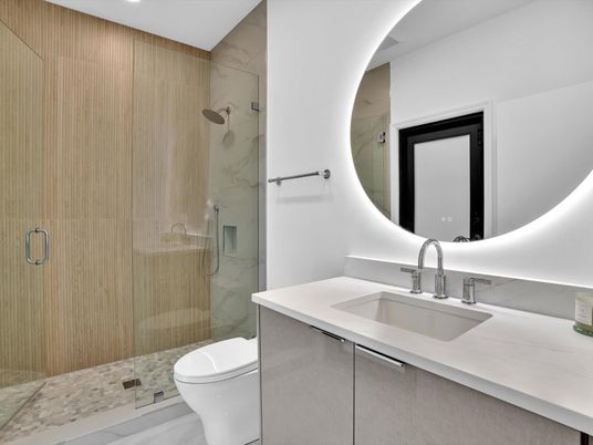 Bathroom, Glass Shower, Interior, Marble Walls, Recessed Lighting