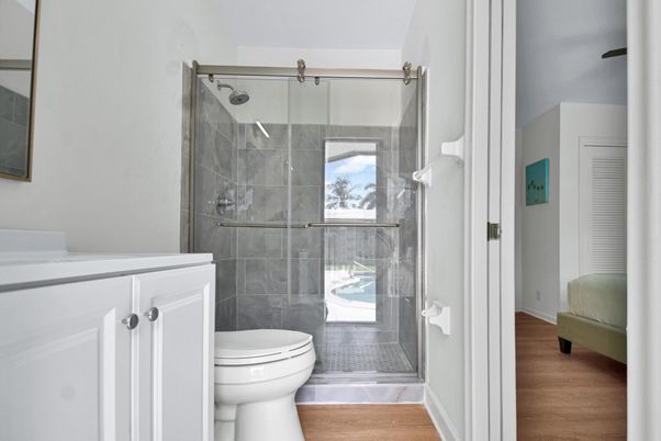 Bathroom, Glass Shower, Interior, Wood Texture Flooring
