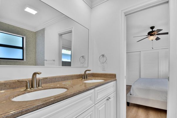 Bathroom, Dual Sink Vanities, Interior, Recessed Lighting, Wood Texture Flooring
