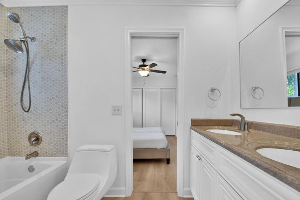 Bathroom, Dual Sink Vanities, Interior, Wood Texture Flooring