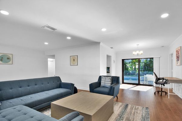 Chandelier, Home Office, Interior, Living room, Recessed Lighting, Wood Texture Flooring