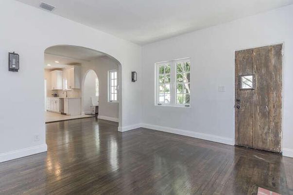 Empty room, Interior, Kitchen, Recessed Lighting, Wood Texture Flooring