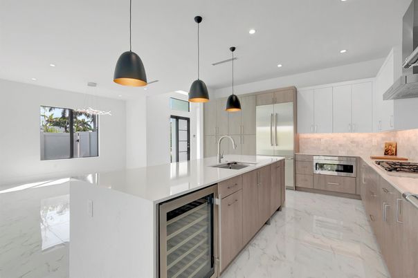 Interior, Kitchen, Marble, Pendant Lights, Recessed Lighting, Stainless Steel Appliances