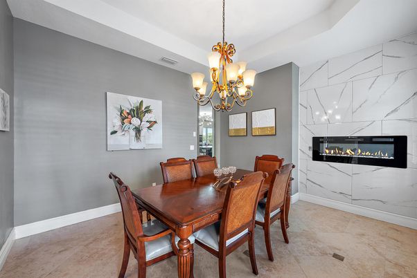 Chandelier, Dining room, Fireplace, Interior