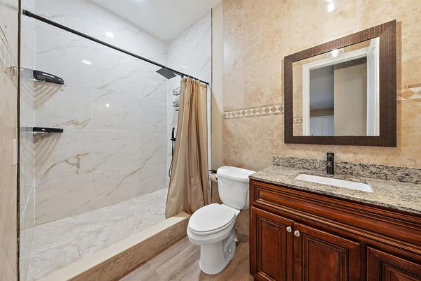 Bathroom, Interior, Marble Walls, Recessed Lighting, Wood Texture Flooring