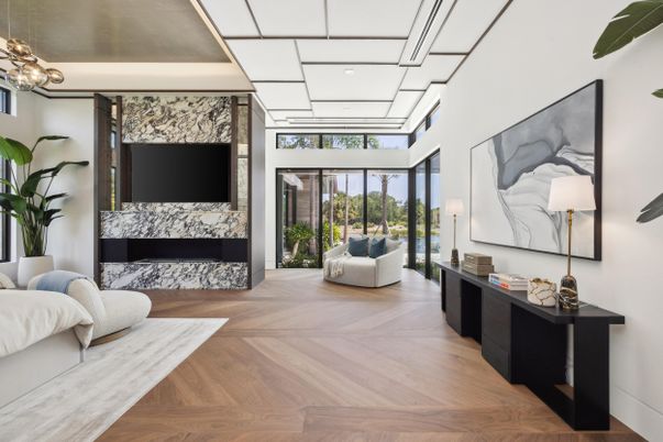 Fireplace, Interior, Pendant Lights, Recessed Lighting, Wood Texture Flooring