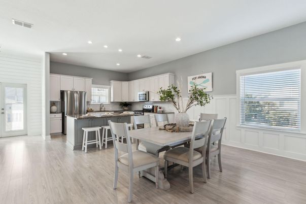 Dining room, Interior, Kitchen, Recessed Lighting, Stainless Steel Appliances, Wood Texture Flooring