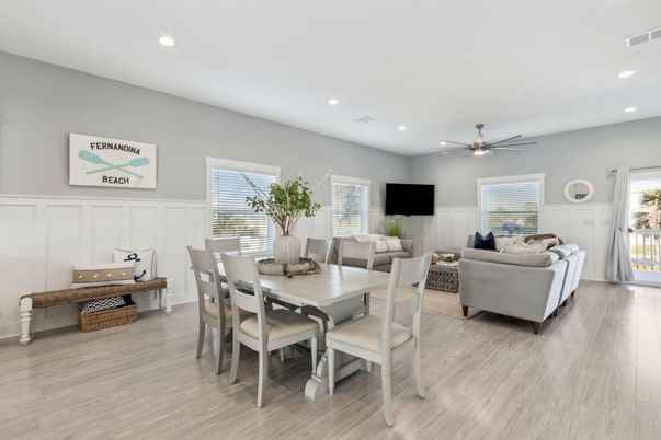 Dining room, Interior, Living room, Recessed Lighting, Wood Texture Flooring