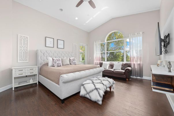 Bedroom, Interior, Recessed Lighting, Wood Texture Flooring