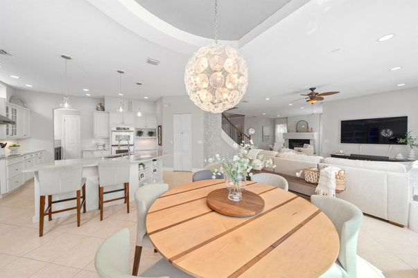 Chandelier, Dining room, Interior, Kitchen, Living room, Pendant Lights, Recessed Lighting, Stainless Steel Appliances